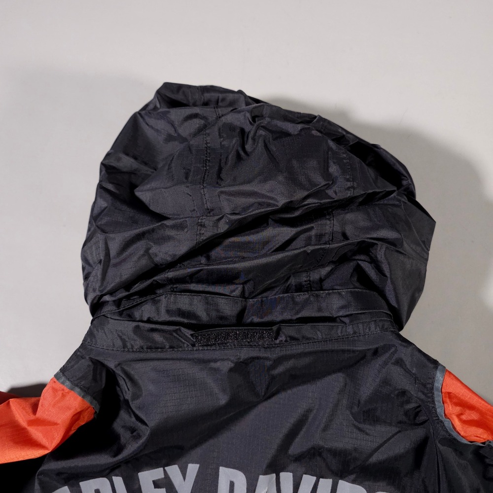 Harley Davidson Jacket Mens Medium Black Orange Windbreaker Packable Hood - Picture 11 of 11